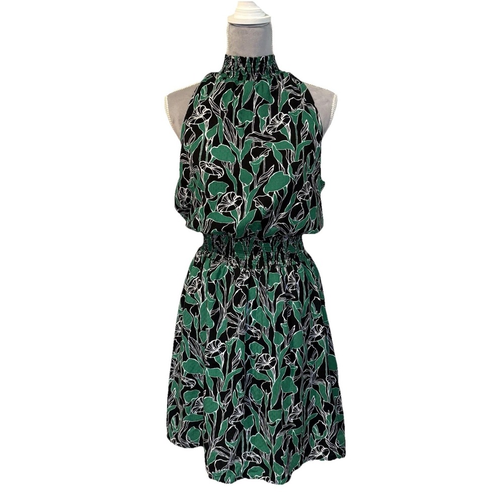 A New Day Women's Sleeveless Green & Black Calla Lilly Print Dress Smock Waist M
